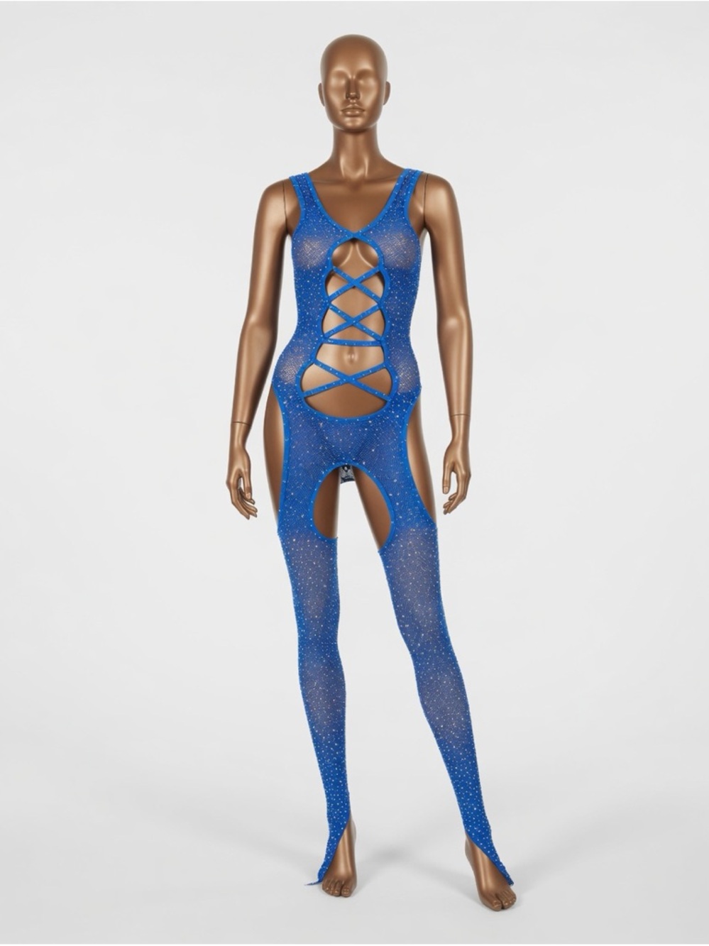 Blue Crystal-Embellished Sheer Lace-Up Bodystocking